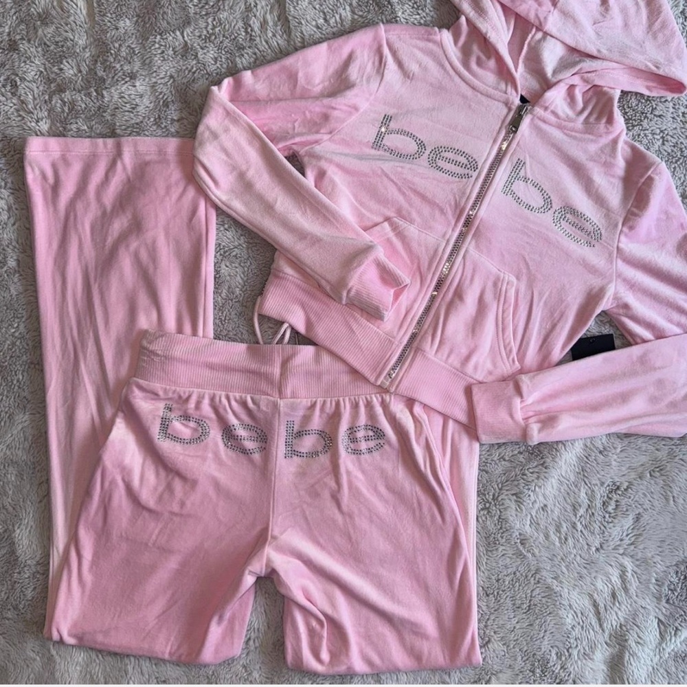 Bebe Pink Rhinestone Logo Velour Hoodie Jacket Pants Logo Butt Tracksuit SET